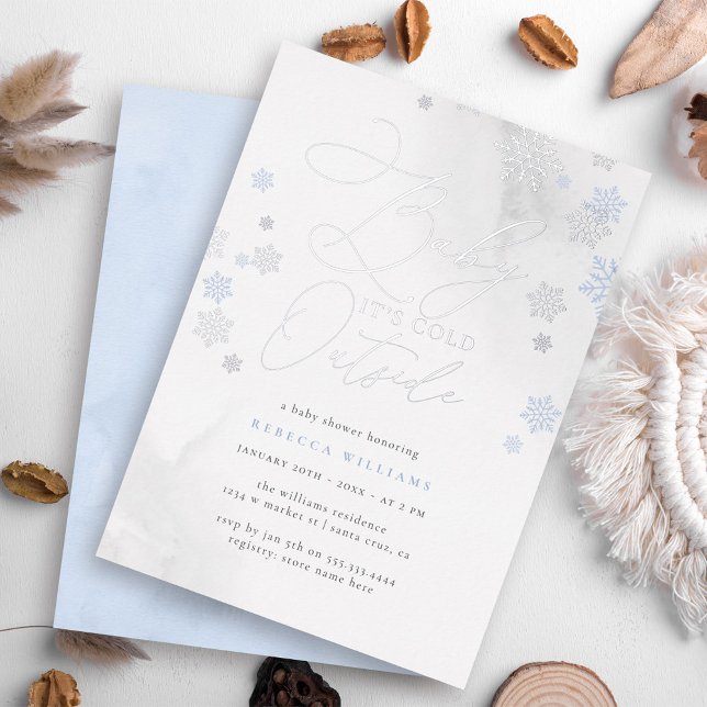 Blue & Silver Snowflakes Winter Boy Baby Shower Foil Invitation (Creator Uploaded)