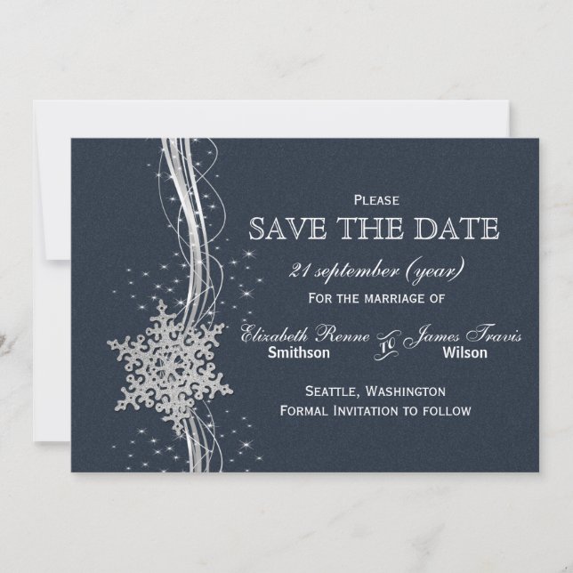 Blue Silver Snowflakes Winter  save the date (Front)