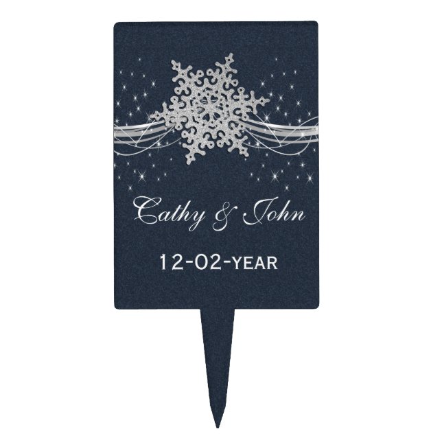 Blue Silver Snowflakes Winter wedding  cake picks (Front)