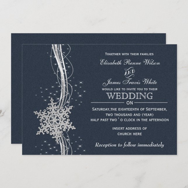 Blue Silver Snowflakes Winter wedding invitations (Front/Back)