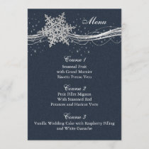 Blue Silver Snowflakes Winter wedding menu cards
