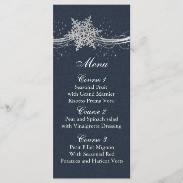 Blue Silver Snowflakes Winter wedding menu cards