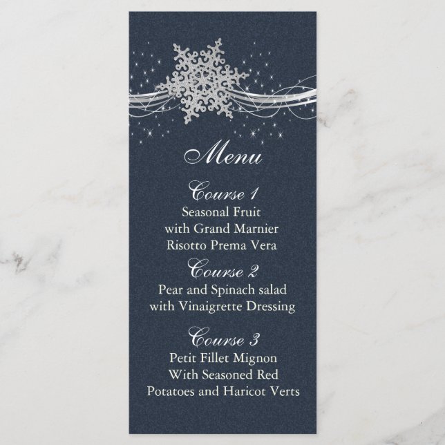 Blue Silver Snowflakes Winter wedding menu cards (Front)