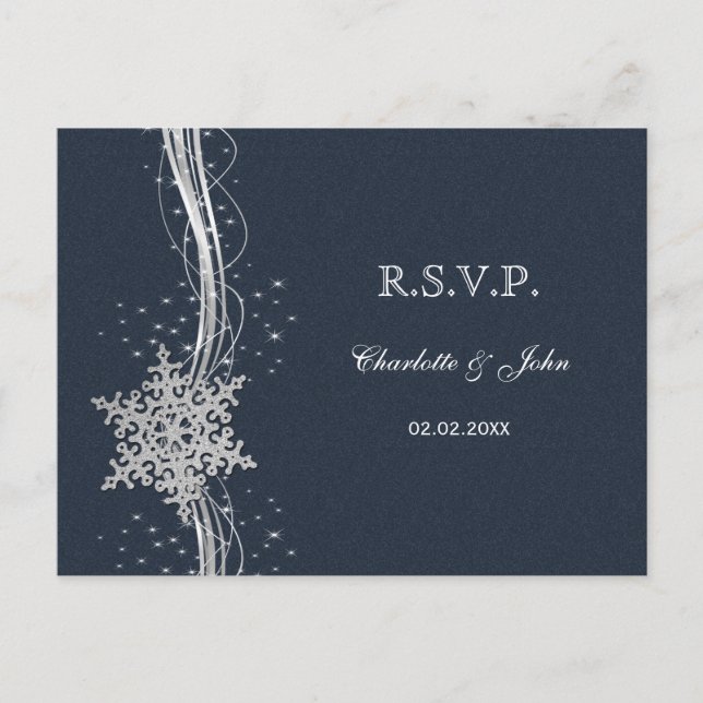 Blue Silver Snowflakes Winter wedding RSVP Invitation Postcard (Front)