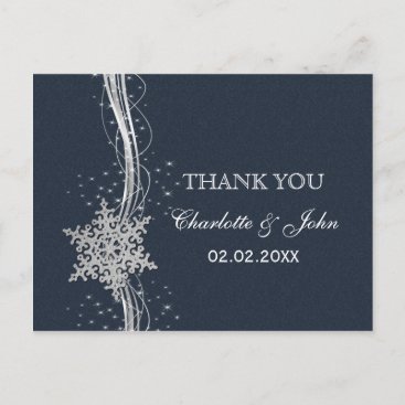 Blue Silver Snowflakes Winter wedding Thank You Postcard