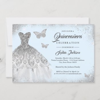 Blue Silver Sparkle Dress Butterfly Quinceanera In Invitation by LittleBayleigh at Zazzle