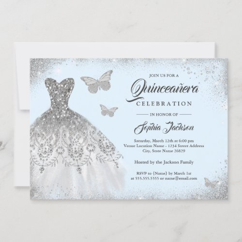 Blue Silver Sparkle Dress Butterfly Quinceanera In Invitation