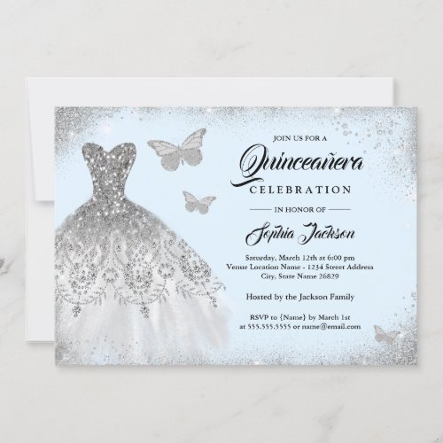 Blue Silver Sparkle Dress Butterfly Quinceanera Invitation