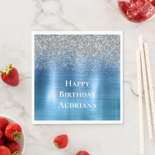 Blue Silver Sparkle Glitter personalized Napkins (Insitu)