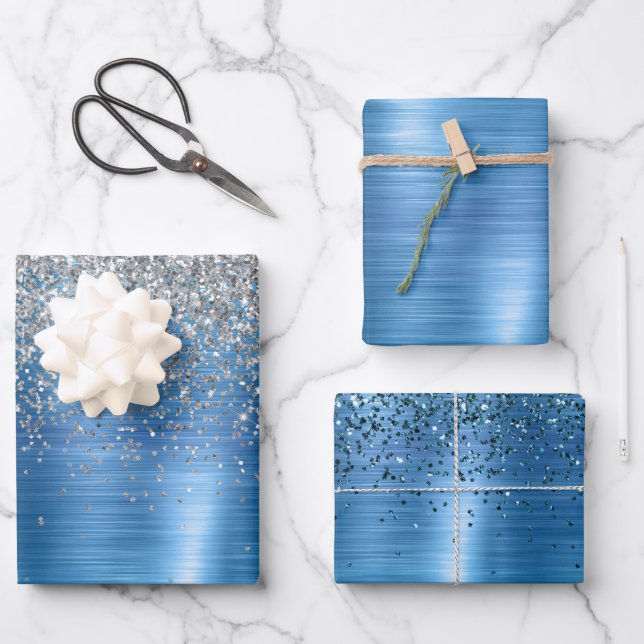 Blue Silver Sparkle Glitter  Wrapping Paper Sheets (Front)