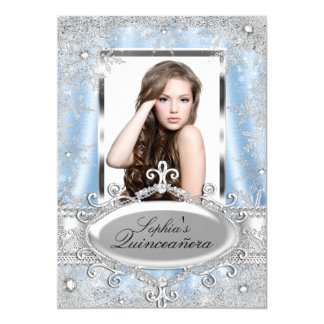 Blue Silver Sparkle Jewel Snowflake Quinceanera Card