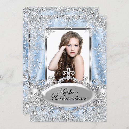 Blue Silver Sparkle Jewel Snowflake Quinceanera Invitation