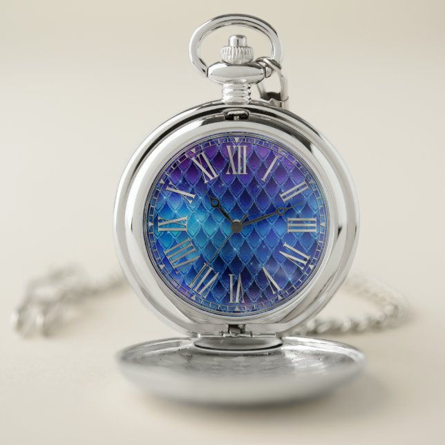 Blue & Silver Sparkles Dragon Scales Pocket Watch (Inside)