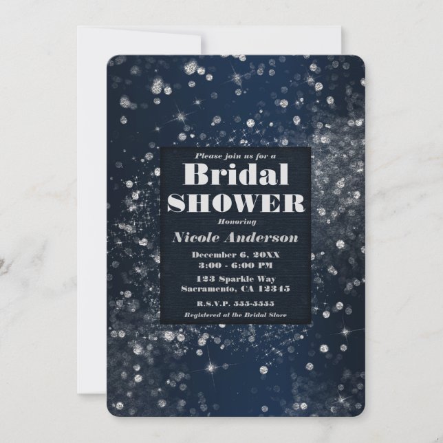 Blue & Silver Sparkling Lights Glam Bridal Shower Invitation (Front)