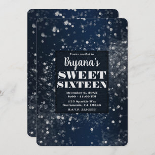 Blue Silver Sparkling Lights Glam Sweet 16 Party Invitation
