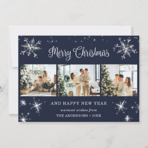 Blue Silver Sparkly Snowflake Photo Collage Holiday Card
