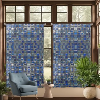 Blue Silver Squares Patterned Drapes Curtains