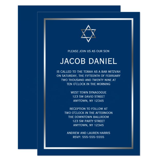 Blue Silver Star Of David Bar Mitzvah Invitations