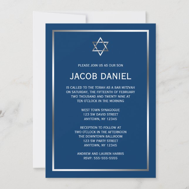 Blue Silver Star of David Bar Mitzvah Invitations (Front)