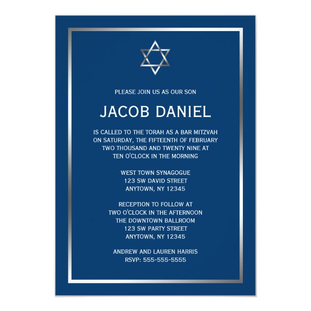 Blue Silver Star Of David Bar Mitzvah Invitations