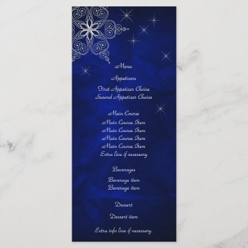 Blue Silver Star Snowflake Wedding Menu Rack Card