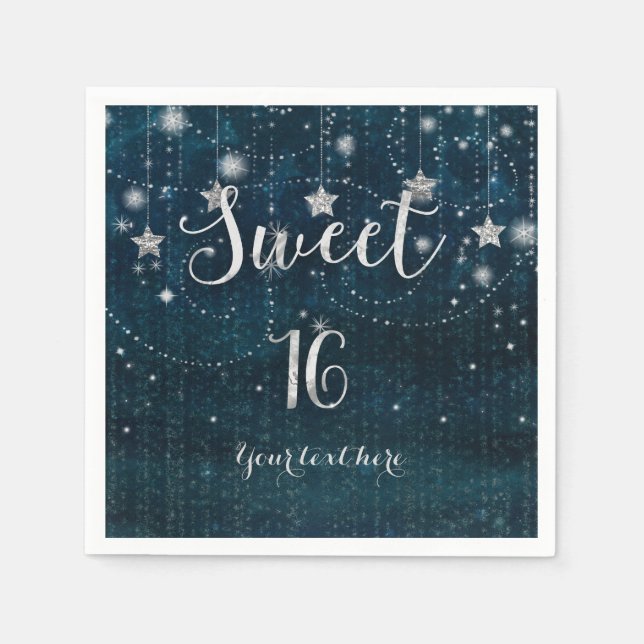 Blue & Silver Starry Celestial Sweet 16 Party Napkins (Front)