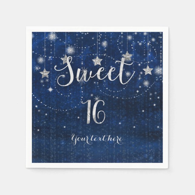 Blue & Silver Starry Celestial Sweet 16 Party Paper Napkins (Front)