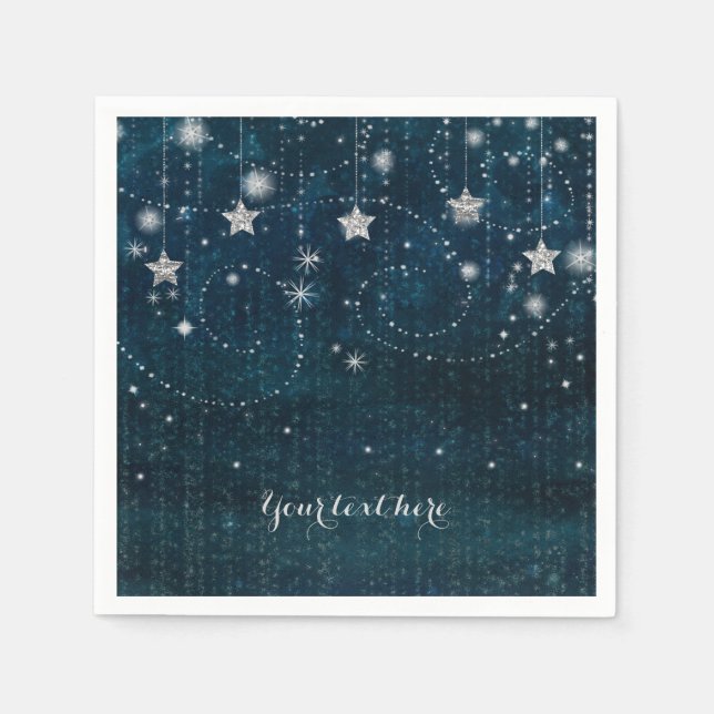 Blue & Silver Starry Celestial Whimsical Party Napkins (Front)