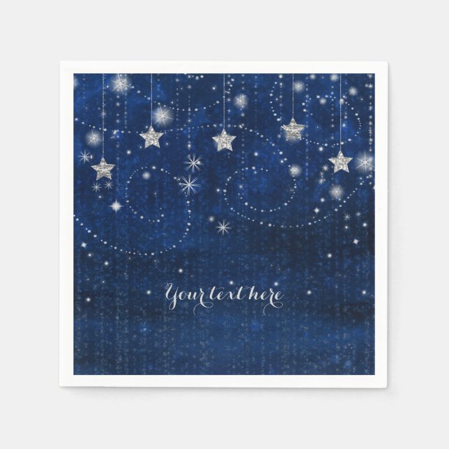 Blue & Silver Starry Celestial Whimsical Party Paper Napkins (Front)