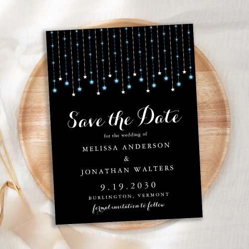 Blue Silver Stars String Lights Save The Date Postcard