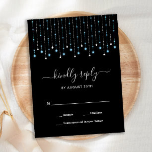 Blue Silver Stars String Lights Wedding RSVP Invitation Postcard