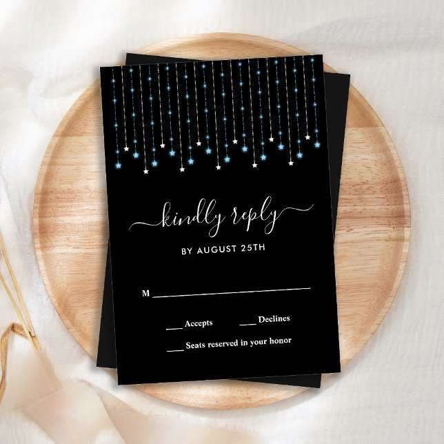 Blue Silver Stars String Lights Wedding RSVP Note Card (Creator Uploaded)