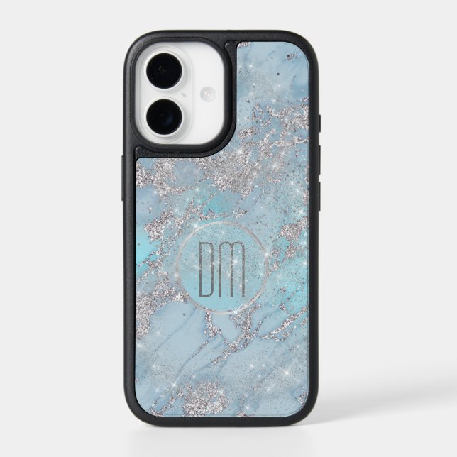 Blue Silver Starshine Glitter Monogram Otterbox iPhone Case (Back)