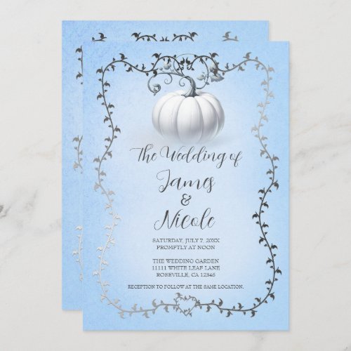 Blue  Silver Storybook White Pumpkin Wedding Invitation
