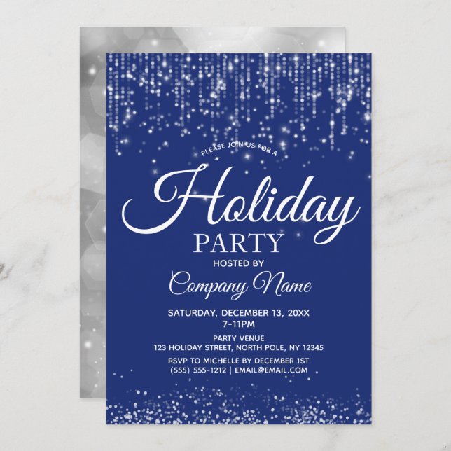 Blue Silver String Lights Corporate Holiday Party Invitation (Front/Back)