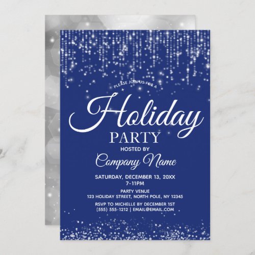 Blue Silver String Lights Corporate Holiday Party Invitation