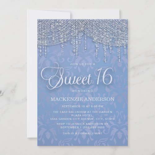 Blue Silver String Lights Damask Sweet 16 Invitation