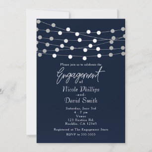 Blue Silver String Lights Modern Chic Engagement Invitation
