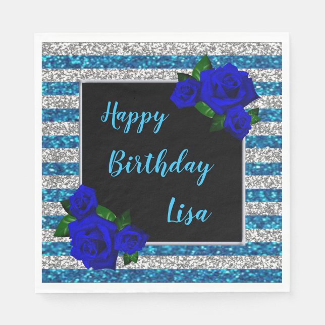 Blue Silver Stripe Glitter Deep Blue Rose Birthday Napkins (Front)