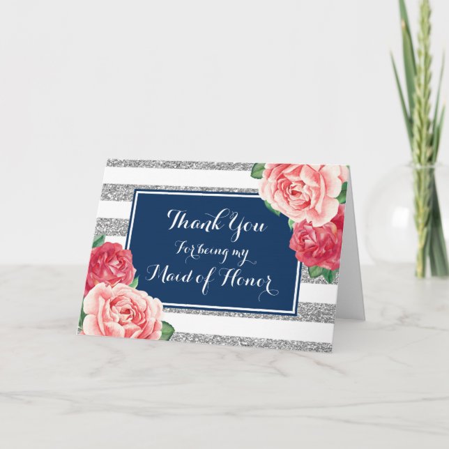 Blue Silver Stripe Pink Thanks Maid of Honor Thank You Card (Front)