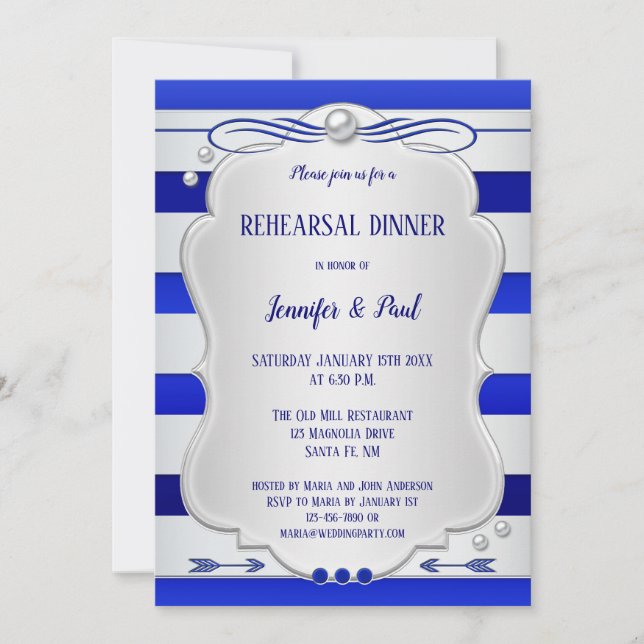 Blue Silver Striped Rehearsal Dinner Invitation (Front)