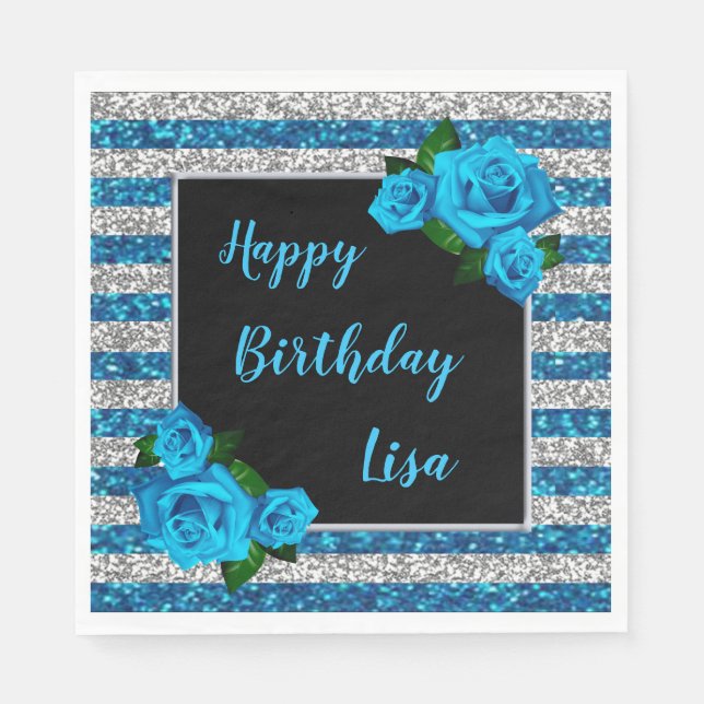Blue Silver Stripes Glitter Blue Roses Birthday Napkins (Front)