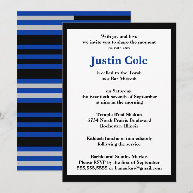 Blue / Silver Stripes on Black Bar Mitzvah Invitation (Front/Back)