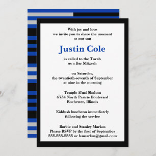 Blue / Silver Stripes on Black Bar Mitzvah Invitation