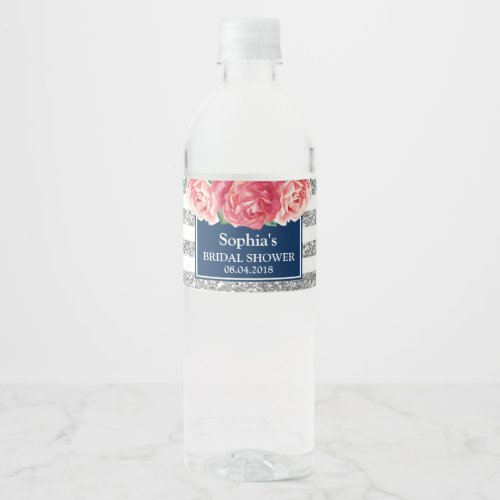 Blue Silver Stripes Pink Floral Bridal Shower Water Bottle Label