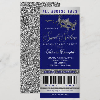 Blue Silver Sweet 16 Masquerade Party Ticket  Invitation