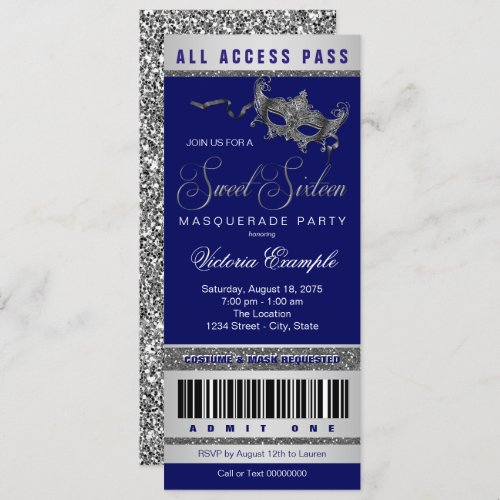 Blue Silver Sweet 16 Masquerade Party Ticket  Invitation