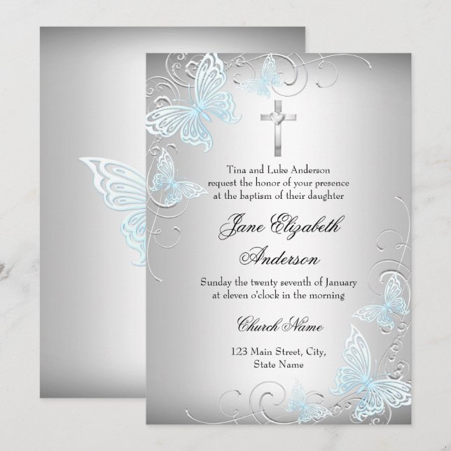 Blue Silver Swirl Butterfly & Cross Baptism Invite (Front/Back)