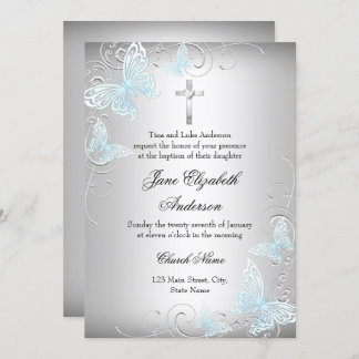 Blue Silver Swirl Butterfly & Cross Baptism Invite