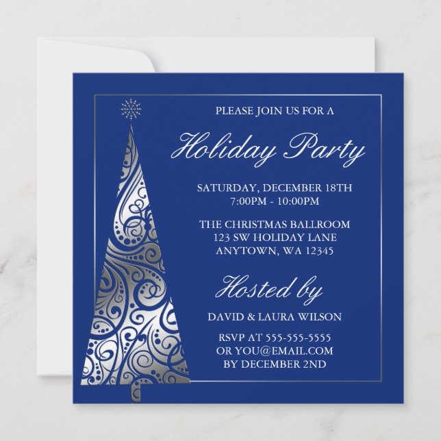 Blue Silver Swirl Christmas Tree Holiday Party Invitation (Front)